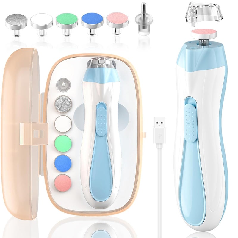 BSRGMS Baby Nail File Electric Baby Nail Care Set with LED Light, Baby Nail Clipper Electric for Newborn/Infants/Adults Toenails and Fingernails, 7 Grinding Head Replacement Pads, Blue - Image 1
